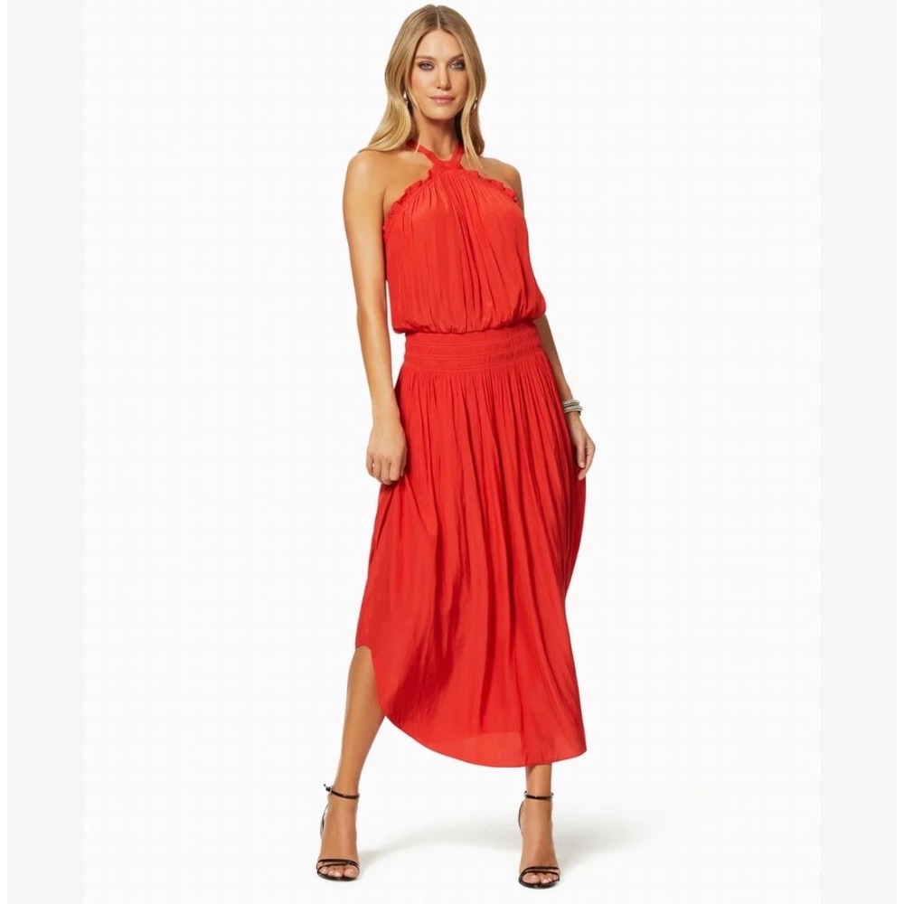 Red Ruffle Halter Pleated Midi Dress Smocked Waist High Low Hem RN 141698